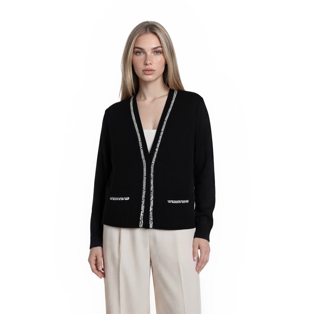 Chelsea Theodore 100% Cashmere Cardigan Sweater Women's Size Large Black Sequin